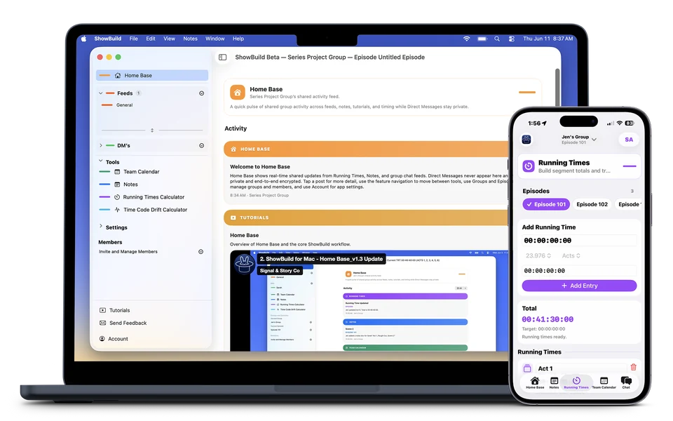 ShowBuild Home Base on a Mac beside Running Times on an iPhone